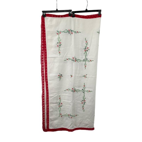 Vintage Hand Embroidered Floral Tablecloth Red Crochet Lace 50x52 Cottage - Picture 2 of 16